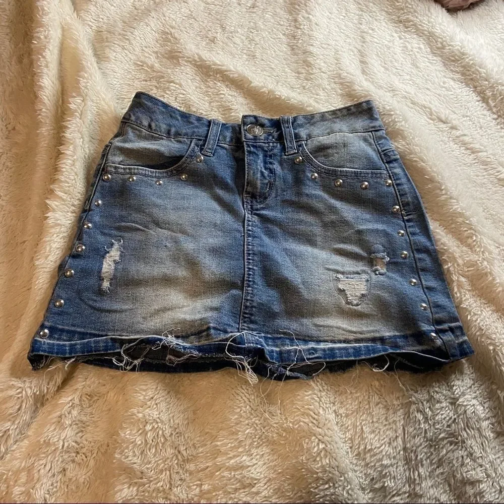 𝅺Justice Girls Jean Skirt Ripped Studded Sides